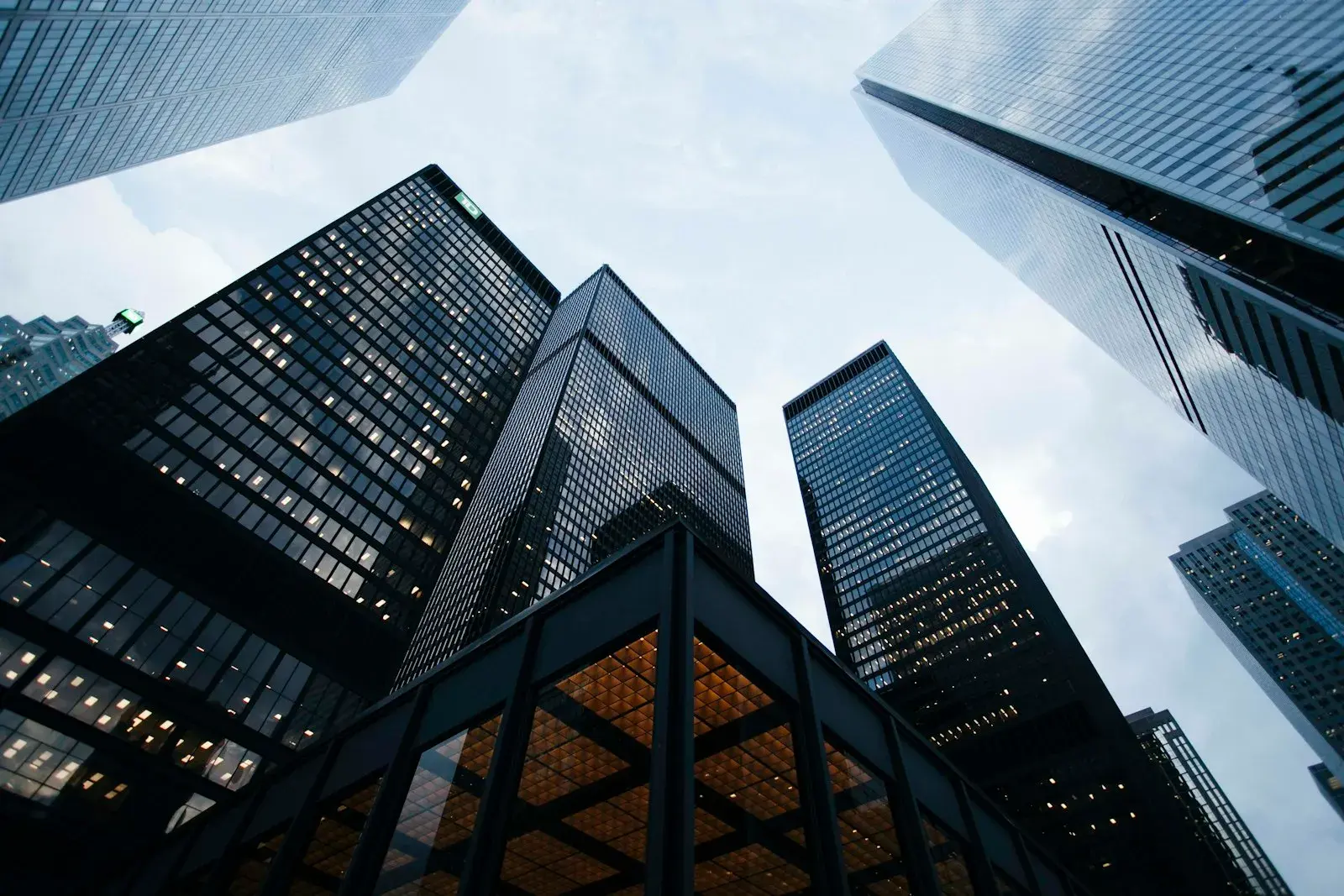 Glass office towers viewed from below